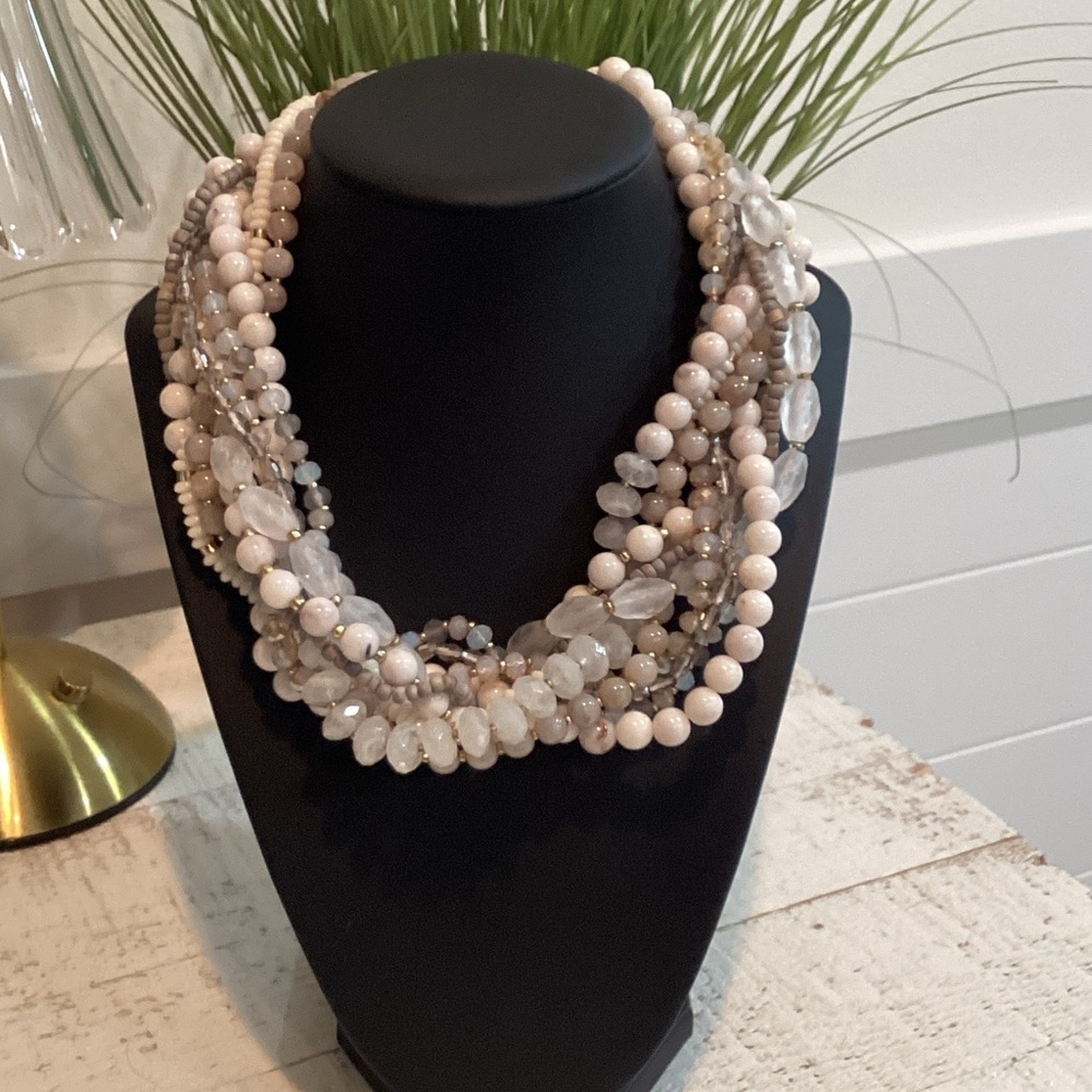 LOFT Multi-Strand Cream and Gray Beaded Necklace